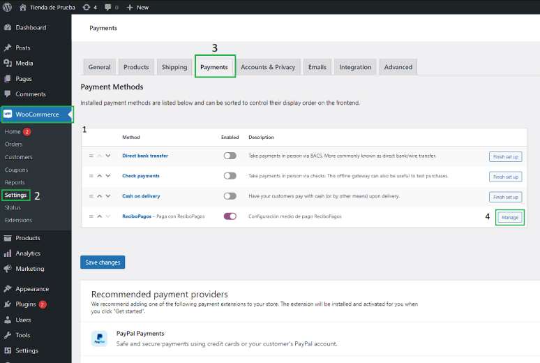 Imagen 2 del paso a paso para integrar Recibo Pagos a tu página Web con Woocommerce.