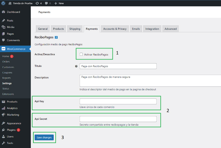 Imagen 3 del paso a paso para integrar Recibo Pagos a tu página Web con Woocommerce.